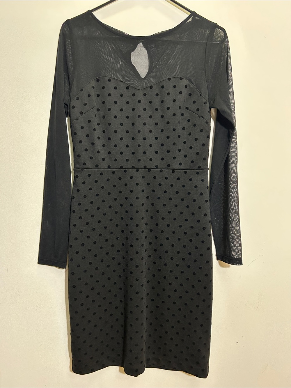 The Limited Black Sheer Yoke Polka Dot Long Sleeve Dress